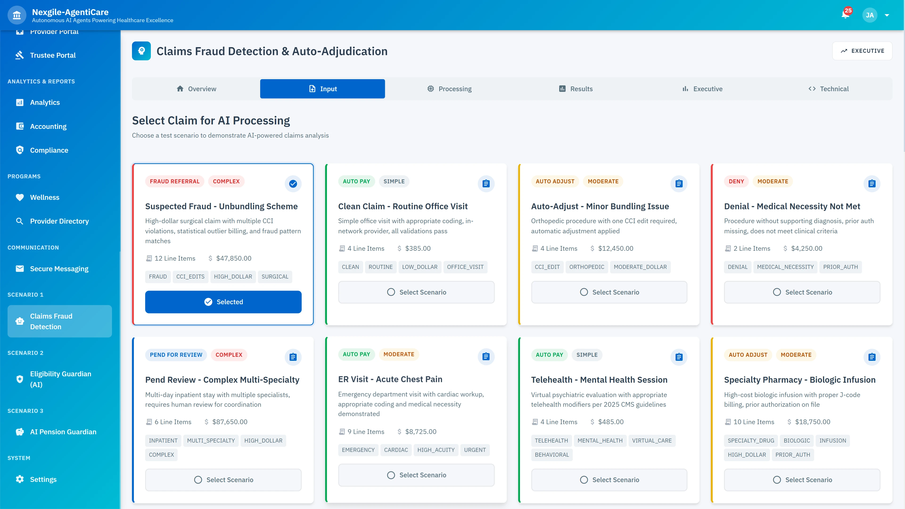Claims selection input interface displaying test scenarios for AI-powered analysis including fraud detection, auto-pay, auto-adjust, and denial cases